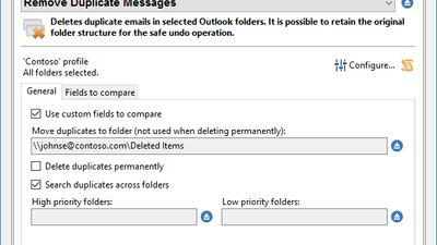 Remove Duplicate Messages. Deletes duplicate emails in selected Outlook folders. It is possible to retain the original folder structure for the safe undo operation.