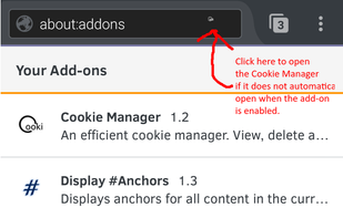 Opening the Cookie Manager in Firefox 53 for Android. If using Firefox 54+, the icon is not shown and the Cookie Manager is only shown when the add-on is enabled.
