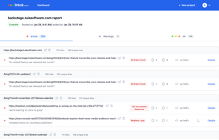 Report page - at-a-glance view of all the broken links for a website.