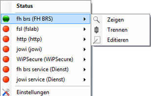 context menu, gives quick access to all important functions (German translation)