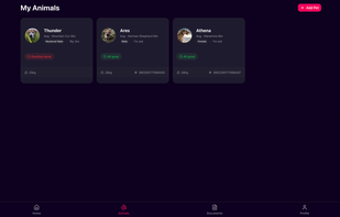 Dashboard showing all your animals' separate profiles. 