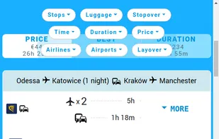 Here is an example of an "automatic stopover" suggestion, uniquely created by PanFlights. A trip from Odessa to Manchester can go via Katowice and Krakow in Poland, with an overland trip between these two stopover cities. This lets you discover cities on your way, can reduce the overall time in airplanes, and prices can be the best available. 