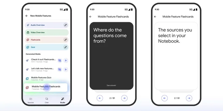 NotebookLM mobile app launches flashcards and quizzes tools image
