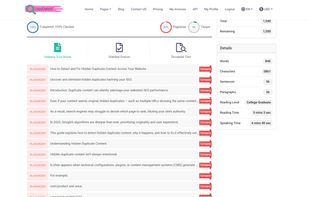 Detailed plagiarism report showing percentage of unique and plagiarized content, sentence-wise highlights, matched sources, and readability statistics for in-depth content analysis.