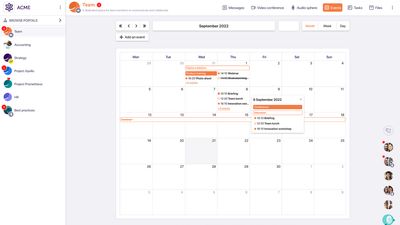 Network members can create events, manage RSVPs and see upcoming engagements on shared calendars.