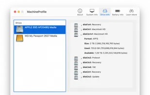 MachineProfile includes a Drive Info tab, providing technical information about the drives connected to your Mac.