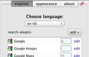 Configuration Panel: choose your language + add your own search-plugins!