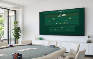 Modern poker blinds timer displayed on a large living room TV during a home poker game.