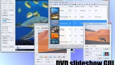 DVD slideshow GUI's Main, Project Settings, Slide Settings, and Pan, Zoom and Rotate windows.