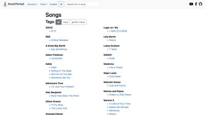 Screenshot of the homepage of musicparsed.com