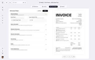 Invoice preset editor with live PDF preview. Customize recipient info, payment methods, tax settings, and more while seeing changes in real-time.