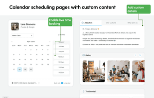 Turn your calendar page into a full brand experience with media, testimonials, and personal info.