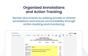 Place annotations and assign action items and tracking to members to ensure accountability.