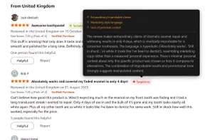 Suspicious reviews are flagged for patterns like extraordinary claims, marketing language, and lack of personal context.