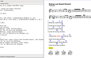 The ChordPro GUI on the left contains the input text, and the PDF output on the right shows the corresponding output file that is generated by ChordPro.

Source: Fedora Repository.