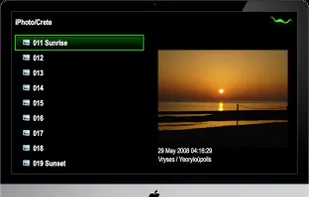 Aperture or iPhoto gives access to the albums with continuous presentations of pictures and videos.