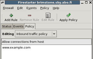 The Firestarter policy pageThe policy page allows you to create security policy with ease.You can enforce both inbound and outbound traffic policy with Firestarter, as well as black or white list traffic and web sites.