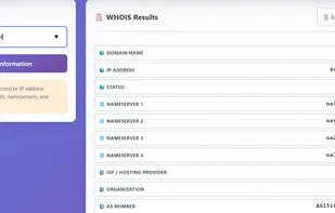 WHOIS lookup screen showing a query for google.com: on the left, the domain input and “Lookup WHOIS Information” button, and on the right a detailed WHOIS results panel listing domain name, IP address, status, nameservers, ISP/hosting provider, organization, and AS number.