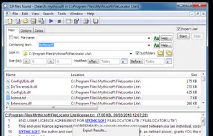Search results, showing the contents view docked below the file list view: