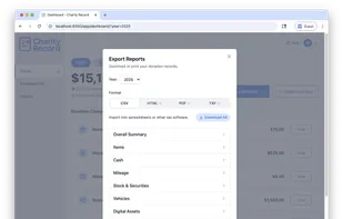 Export modal showing download options from Charity Record