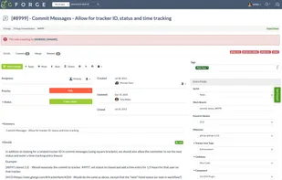 Ticket detail view with summary, description, priority, status, assignee, custom fields, file attachments, commits, dependencies and full change history.
