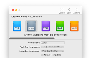 Have you ever tried to send an image only to be told that the file is too large? Do your file uploads seem to take forever? Enter Archiver's own compression format, with which you can truly shrink image and audio files.