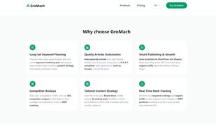 Why choose GroMach? We provide a comprehensive suite of tools including Long-tail Keyword Planning, E-E-A-T Compliant Article Automation, Competitor Gap Analysis, and Real-Time Rank Tracking. Everything you need to build a content strategy that ranks, not just fills space.