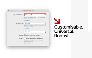 Preferences panel with shortcut, push-to-talk, and start-on-login options.