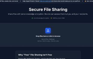 Zero-knowledge encrypted file sharing. Up to 15GB per upload with drag-and-drop interface.