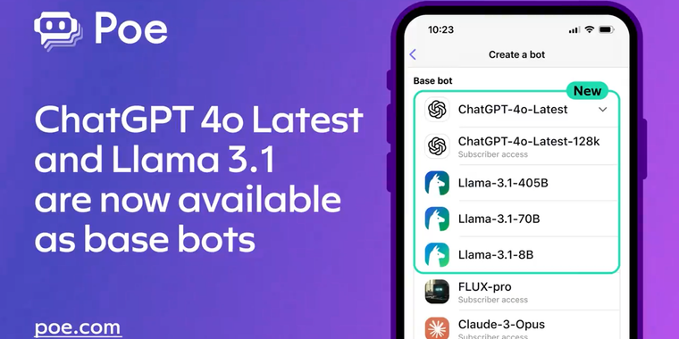 Poe adds ChatGPT 4o and Llama 3.1 405B to custom bot options image