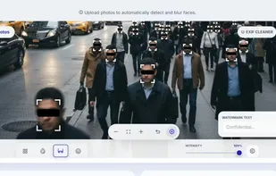 Face redaction editor with tools for upload, watermark text, EXIF cleaning, and multiple masking styles.