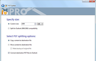 Split Outlook data to PST files of specified size.
Choose the custom size you want PST files to be or split data to meet the 2GB limitation of Outlook 2000/2002.
