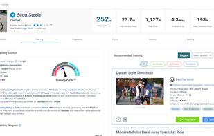 Xert athlete profile showing current power numbers, training status and suggested workouts.