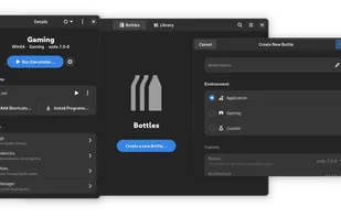 Main screenshot, showing three windows; the main window, an application window, and the New Bottle window.