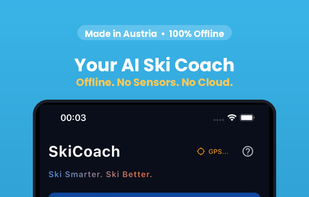 Home dashboard showing your ski stats, personal records, and one-tap start. 100% offline, made in Austria.