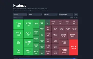 Dynamic heatmap for superinvestor portfolio Cathy Wood, using Price-to-Book and dark mode.