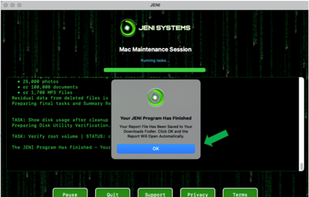 MAC version step 4: When JENI finishes, you’ll see a confirmation. A Summary Folder—HTML report, error log, and console log—is saved to Downloads. Click OK to open it and review exactly what was cleaned, overwritten, and verified during the session.