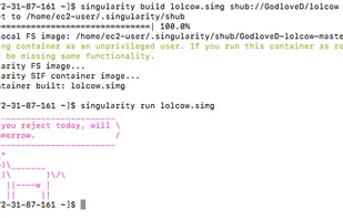 Screenshot of singularity building an hello-world container