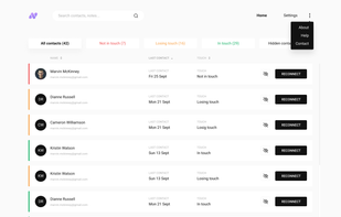 Contact list view of the personal crm