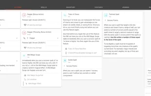 The Actions screen, from which you can see some of the various interactions, attacks, and features that your character can use.