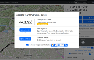 Tarmacs: Export to bike computer, including important waypoint notifications, like cafes, water, attractions and dangers.