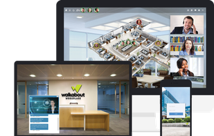 Walkabout Workplace custom landing page, virtual receptionist, heads-up display floor plan.