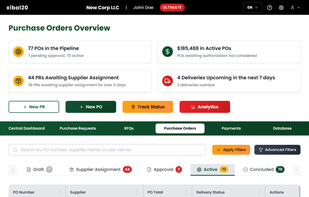 Track all purchase orders in one place with status filters, search, and quick actions for your team.