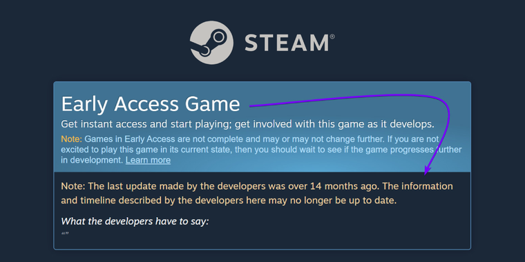 Steam now warns you about early access games that haven't been updated in over a year image