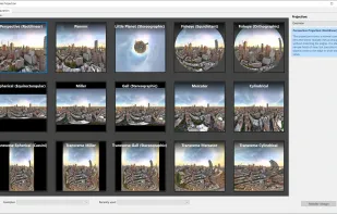 PanoramaStudio offers a broad range of projection types to create visually different perspectives and visualizations from the same panorama. While the standard version offers a basic selection of 5 projections, the Pro version allows panoramas to be visualized in a total of 15 different projections.