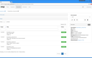 Test execution view with status of each test step, input, output, instant statistics, etc.