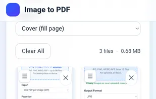 Here, the user has selected three images to combine using the Image to PDF tool. Each file displays basic info and a thumbnail. The interface offers image selection, arrangement, and a large “Convert to PDF” button to instantly process and merge the selected images into a downloadable PDF.