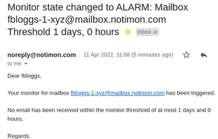 Email from notimon alerting a user that an email has not arrived to their notimon monitoring mailbox within the configured threshold