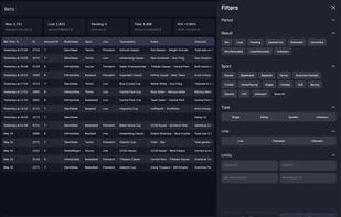 Demo Bets with Filter Panel: Table of bet history with filter options.