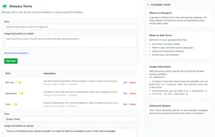 Build and maintain glossaries that ensure technical terms, product names, and brand-specific language are always translated correctly.